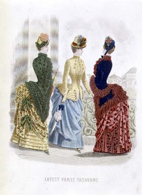 Latest Paris Fashions, three day dresses in a fashion plate from 'The Queen', May 1885 (coloured eng von English School, (19th century)