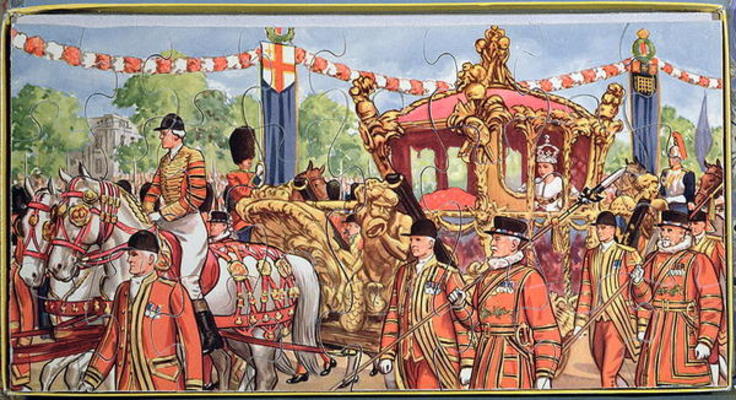 Jigsaw puzzle depicting the Coronation of Queen Elizabeth II (b.1926) 2nd June 1953 (colour litho on von English School, (20th century)