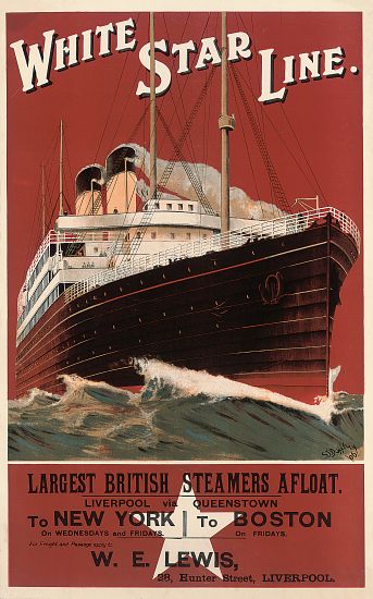 Poster advertising routes to New York and Boston with the shipping company White Star Line von English School, (20th century)