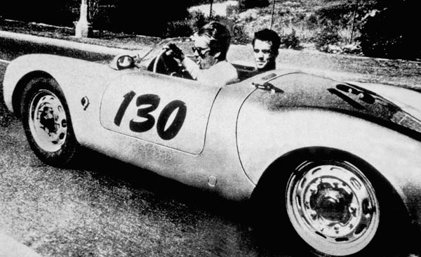 The American Actor James Dean driving his Porsche Spider 550A with Rolf Wutherlich von English Celebrities Photographer
