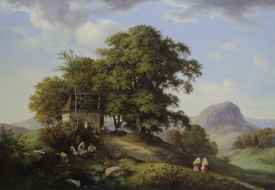 Gebirgige Landschaft mit Baumgruppe und Kapelle, im Hintergrund der Borschen von Ernst Ferdinand Oehme