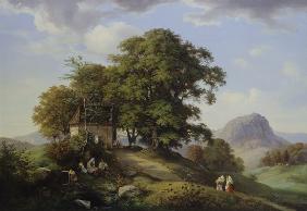 Gebirgige Landschaft mit Baumgruppe und Kapelle, im Hintergrund der Borschen 1842
