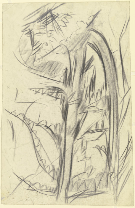 Blick durch zwei Fichten auf eine Hütte von Ernst Ludwig Kirchner