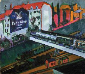 Strassenbahn und Eisenbahn, Blick aus dem Atelier des Künstlers. 1914