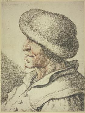 Brustbild eines Bauern mit Pelzmütze im Profil nach links