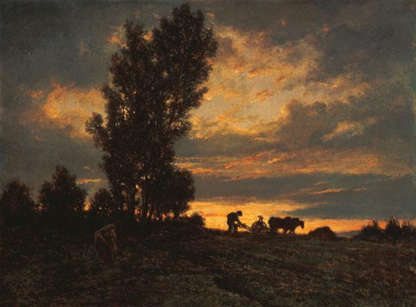 Abendstimmung mit pflügendem Bauern um 1850