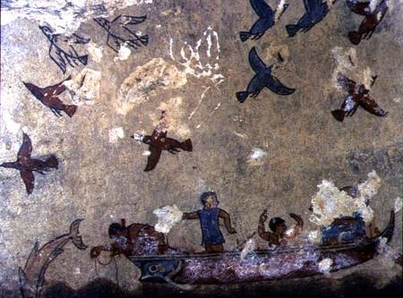 Fishermen in a boat and birds flying, from the Tomb of Fishing and Hunting von Etruscan