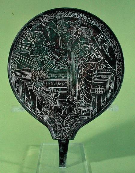 Mirror depicting Aphrodite persuading Helen to follow Paris to Troy, from Palestrina von Etruscan