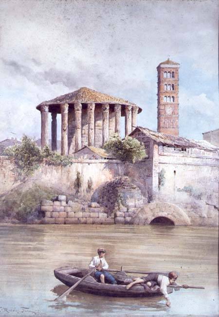 The Temple of Hercules from the River Tiber, Rome von Ettore Roesler Franz