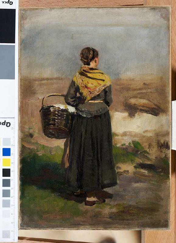 Rückenfigur einer stehenden Frau in Landschaft (Studie) von Eugen Dücker