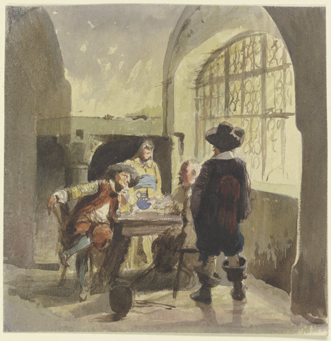 Drei Kriegsleute aus der Zeit des Dreißigjährigen Krieges in einem Gemach, dabei eine Frau von Eugen Klimsch