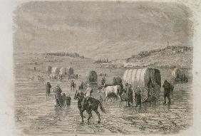 A Wagon Train Heading West in the 1860s, engraved by Stephane Pannemaker (1847-1930) (engraving) 19th