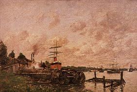 Flusslandschaft mit Hafen- und Werftanlage 1874/76