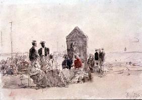 People on the beach at Deauville 1867