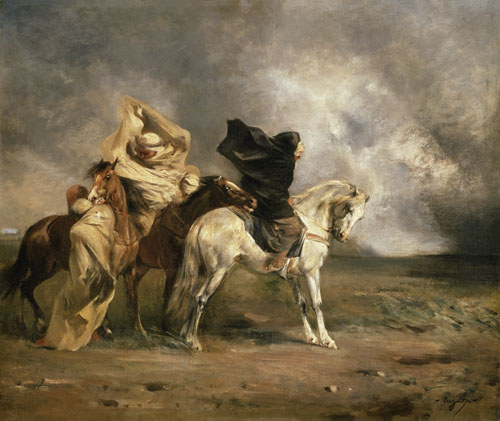 Reitertrupp im aufkommenden Sandsturm. von Eugène Fromentin