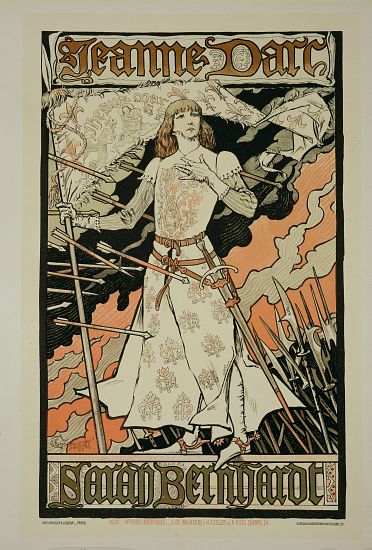 Reproduction of a poster advertising 'Joan of Arc', starring Sarah Bernhardt at the Renaissance Thea von Eugene Grasset