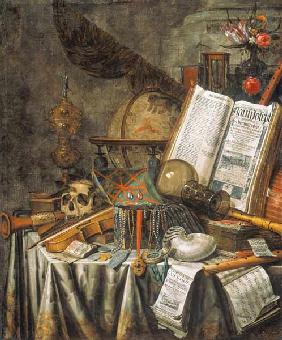 Vanitas-Stillleben mit Musikinstrumenten, astrologischem Globus u.anderen Stücken