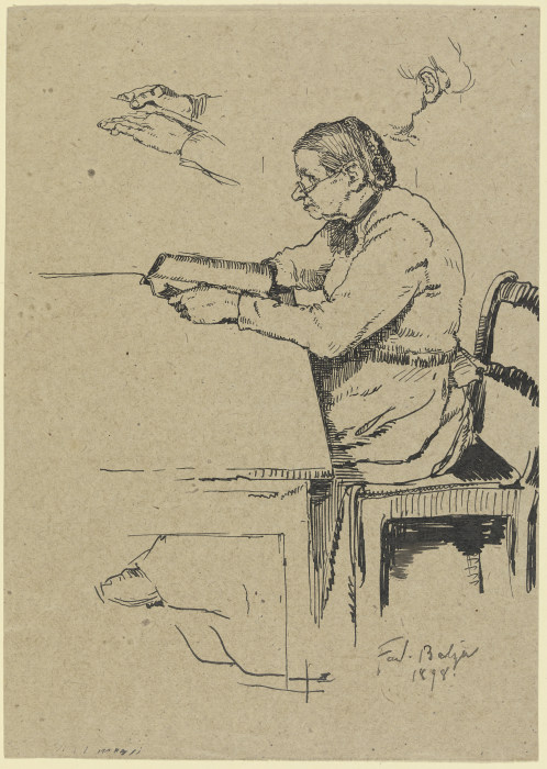 Sitzende ältere Schäfersfrau lesend von Ferdinand Balzer