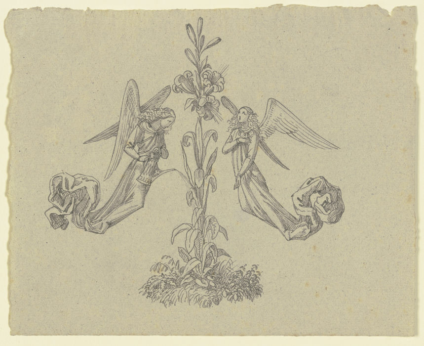 Dekorativer Buchschmuck (zwei Engel mit Lilie) von Ferdinand Fellner