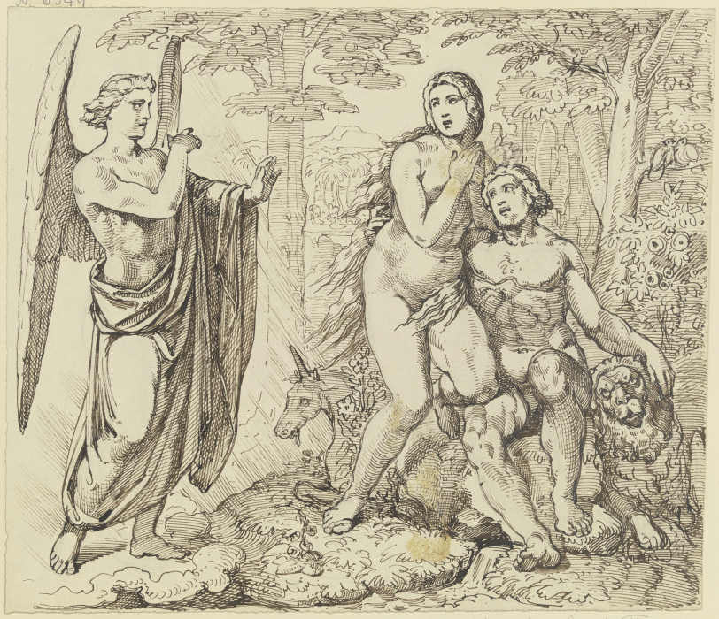Ein Engel überbringt Adam und Eva Gottes Verbot, vom Baum der Erkenntnis des Guten und Bösen zu esse von Ferdinand Fellner