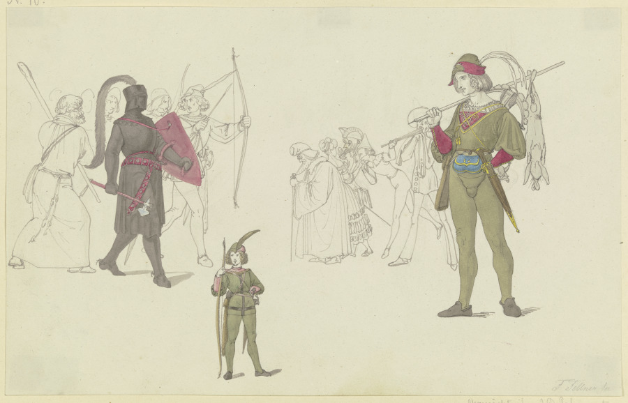 Ein schwarzer Ritter, Bogenschützen, ein Jäger sowie Maskenträger von Ferdinand Fellner