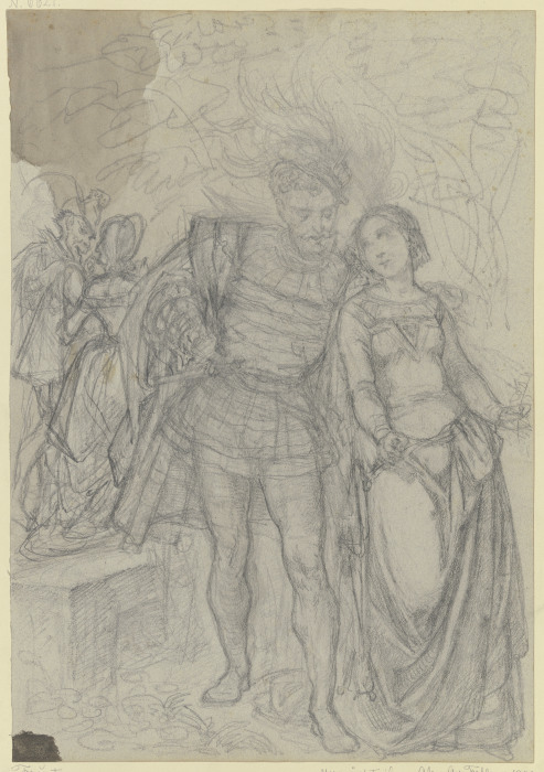 Faust und Gretchen, im Hintergrund Marthe und Mephisto von Ferdinand Fellner