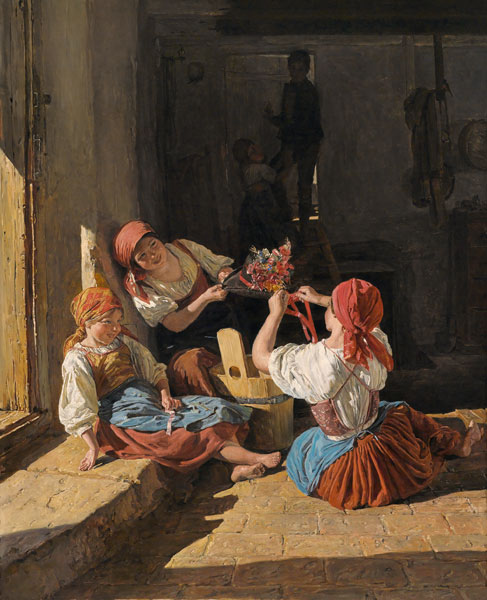 Kinder schmücken den Hut eines Konskribierten von Ferdinand Georg Waldmüller