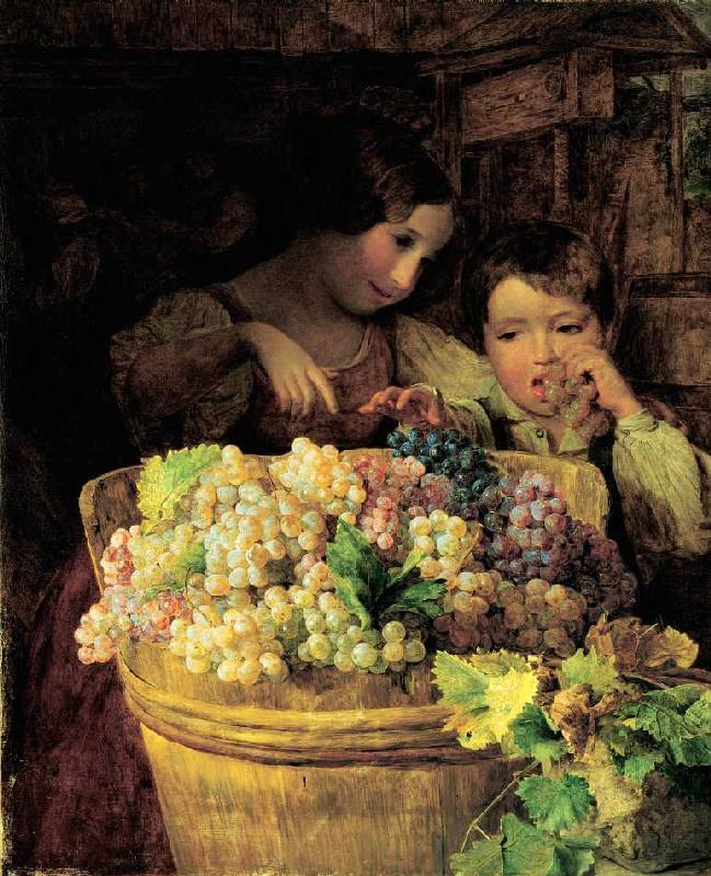 Zwei Kinder an einer mit Trauben gefüllten Bütte von Ferdinand Georg Waldmüller