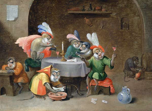 A Tavern Interior with Monkeys drinking and smoking von Ferdinand van Kessel