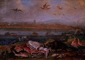 Creatures from the four continents in a landscape with a view of Canton in the background