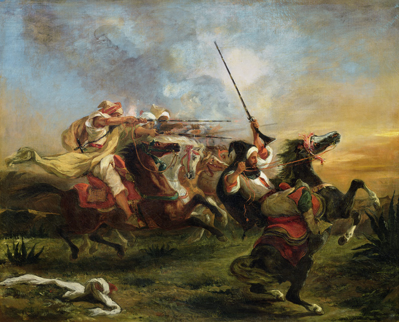 Moroccan horsemen in military action von Ferdinand Victor Eugène Delacroix