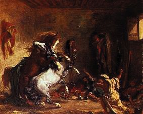 Kämpfende Araberpferde in einem Stall von Ferdinand Victor Eugène Delacroix