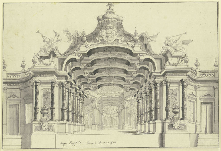 Eine große Halle mit einem Baldachin überbaut, unter welchem ein Wappen zu sehen ist, rechts und lin von Ferdinando Bibièna