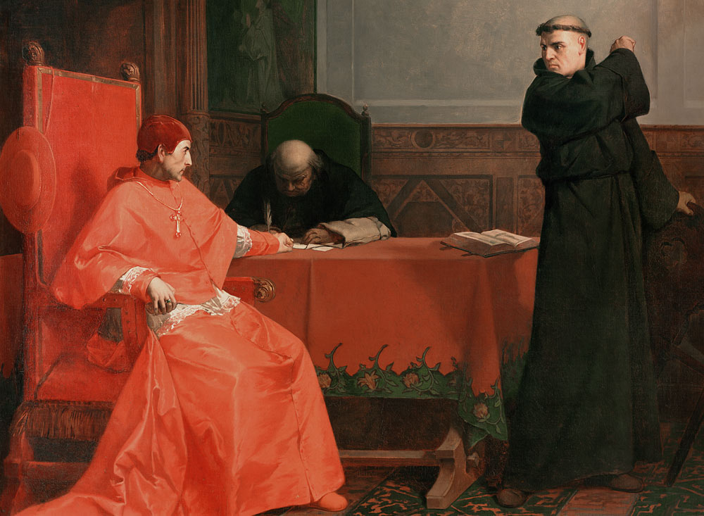 Luther in front of Cardinal Cajetan during the controversy of his 95 Theses von Ferdinand Wilhelm Pauwels