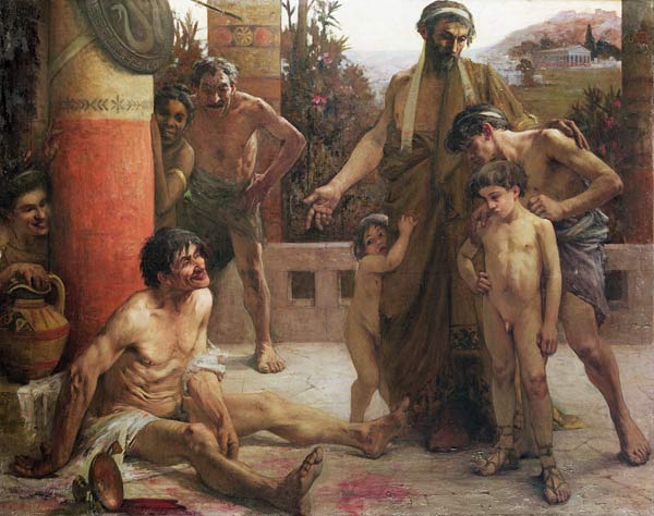A Spartan points out a drunken slave to his sons, 1900 (oil on canvas)  von Fernand Sabbate