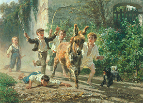 Kinder jagen einen Esel. von Filippo Polizzi