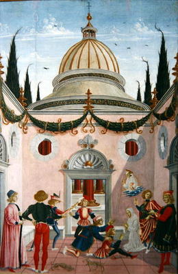 St. Bernardino of Siena (1380-1444) saving a young man hit on the head with a shovel, 1473 (oil on p von Fiorenzo di Lorenzo