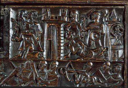 The Courtrai Chest depicting Flemish foot soldiers defeating French cavalry  (detail) von Flemish School