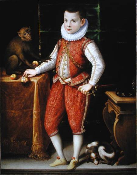 Portrait of a Young Nobleman with a Monkey and a Dog von Flemish School
