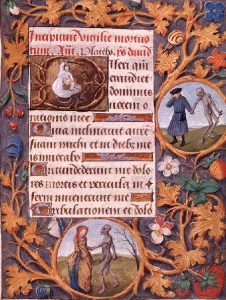 The Triumph of Death: text with historiated capital depicting the devil fighting an angel, with a fl von Flemish School