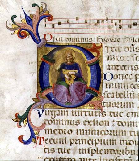 Ms 531 f.169v Historiated initial 'D' depicting King David with his lyre, from a psalter from San Ma von Fra Beato Angelico