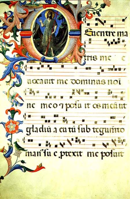 Ms 558 f.55v Page of choral notation with an historiated initial 'O' depicting St. John the Baptist, von Fra Beato Angelico