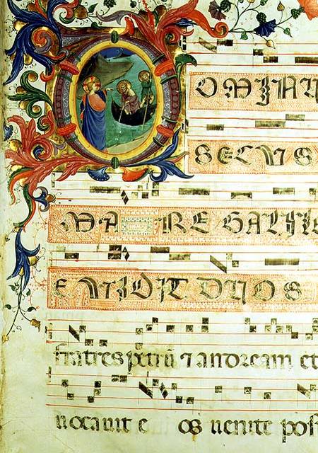Ms 558 f.9r Historiated initial 'O' depicting the Calling of St. Peter and St. Andrew with musical n von Fra Beato Angelico
