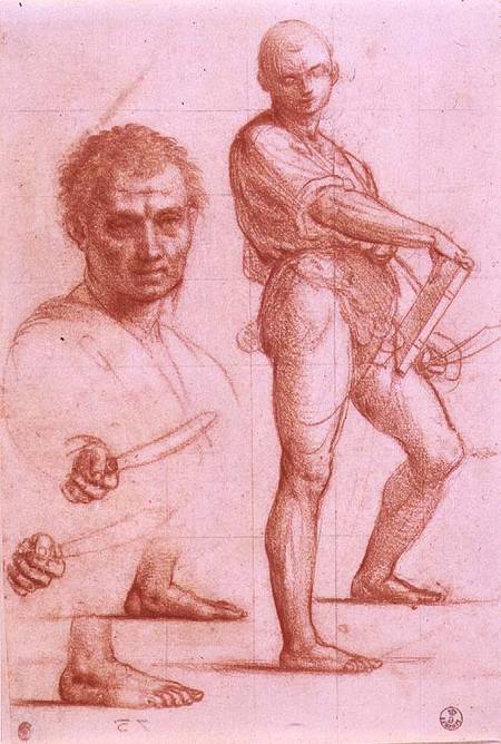 Study of a male holding a sword and a book, the sword and feet rehearsed twice, and a male head von Fra Bartolommeo