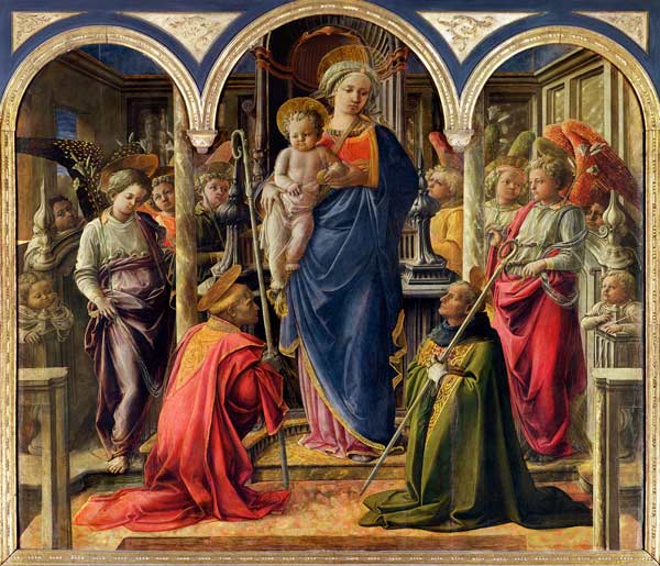 The Barbadori Altarpiece: Virgin and Child surrounded Angels with St. Frediano and St. Augustine von Fra Filippo Lippi