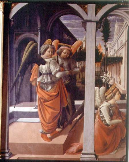 The Annunciation, detail of the two angels von Fra Filippo Lippi