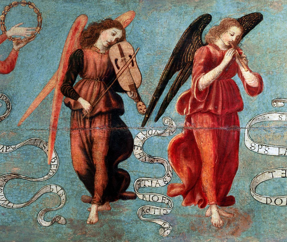 Angels playing the fiddle and pipe von Francesco Botticini