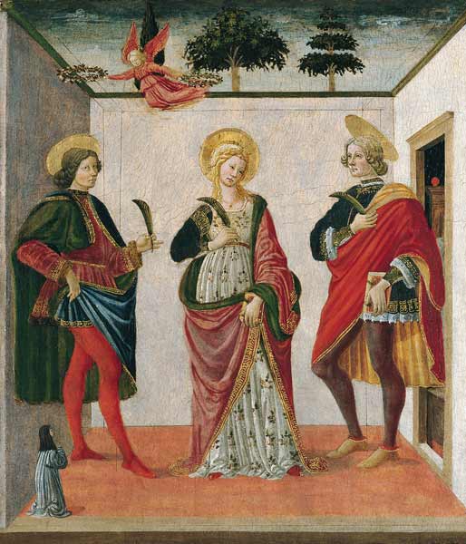 Heilige Cäcilia zwischen Heiligen Valerian und Tiburtius mit einer Stifterin von Francesco Botticini