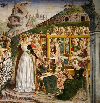 The Triumph of Minerva: March, from the Room of the Months, detail of the weavers, c.1467-70 (fresco von Francesco del Cossa
