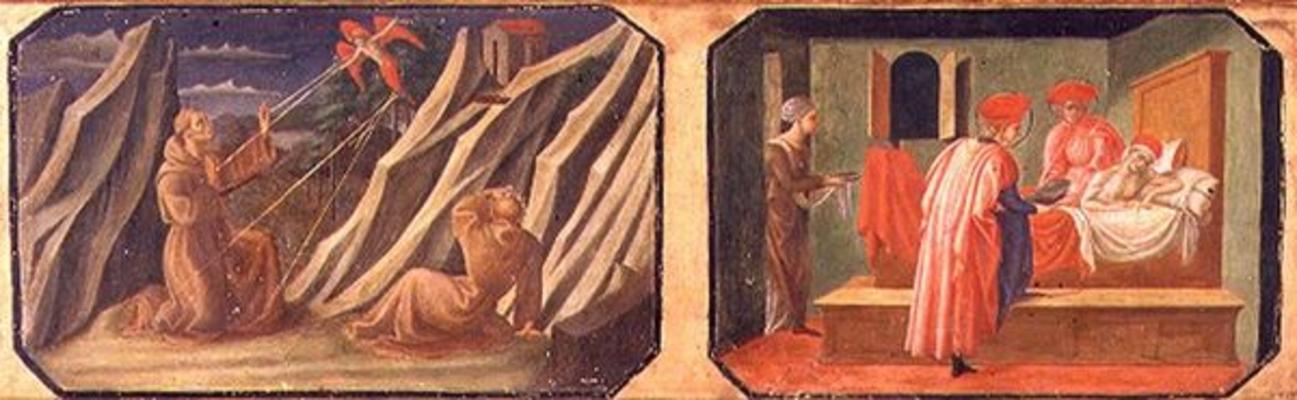 (LtoR) St. Francis of Assisi receiving the stigmata, SS. Cosmas and Damian healing a sick man; copie von Francesco di Stefano Pesellino